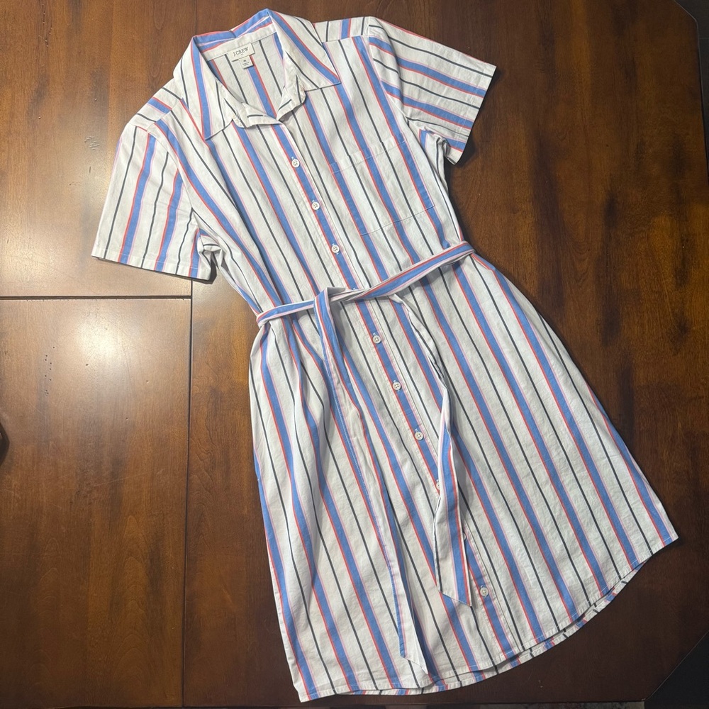 J. Crew Blue and White Buttoned Shirt Dress with Notched Collar